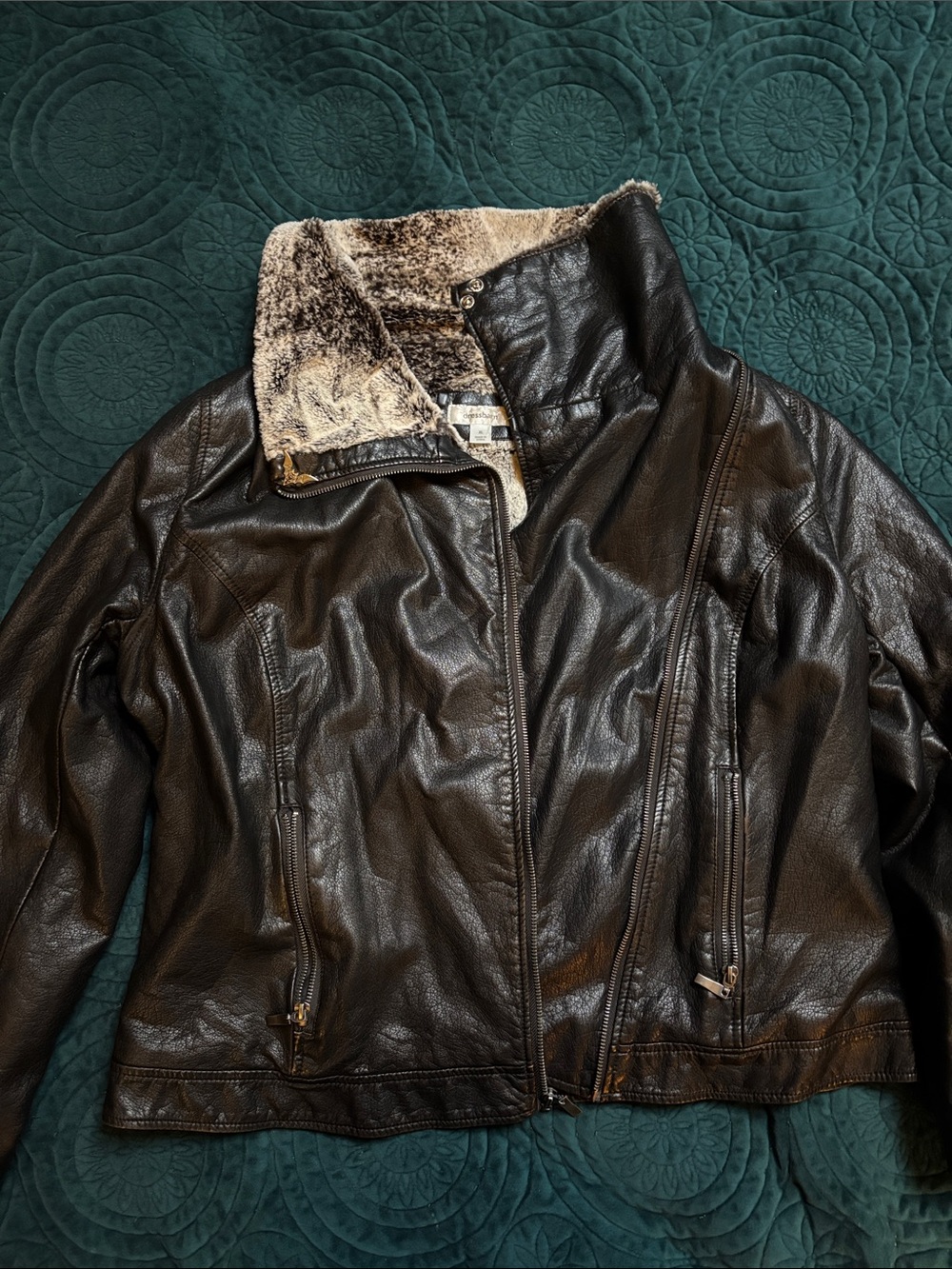dressbarn Black Faux Leather Jacket with Cream Sherpa Collar